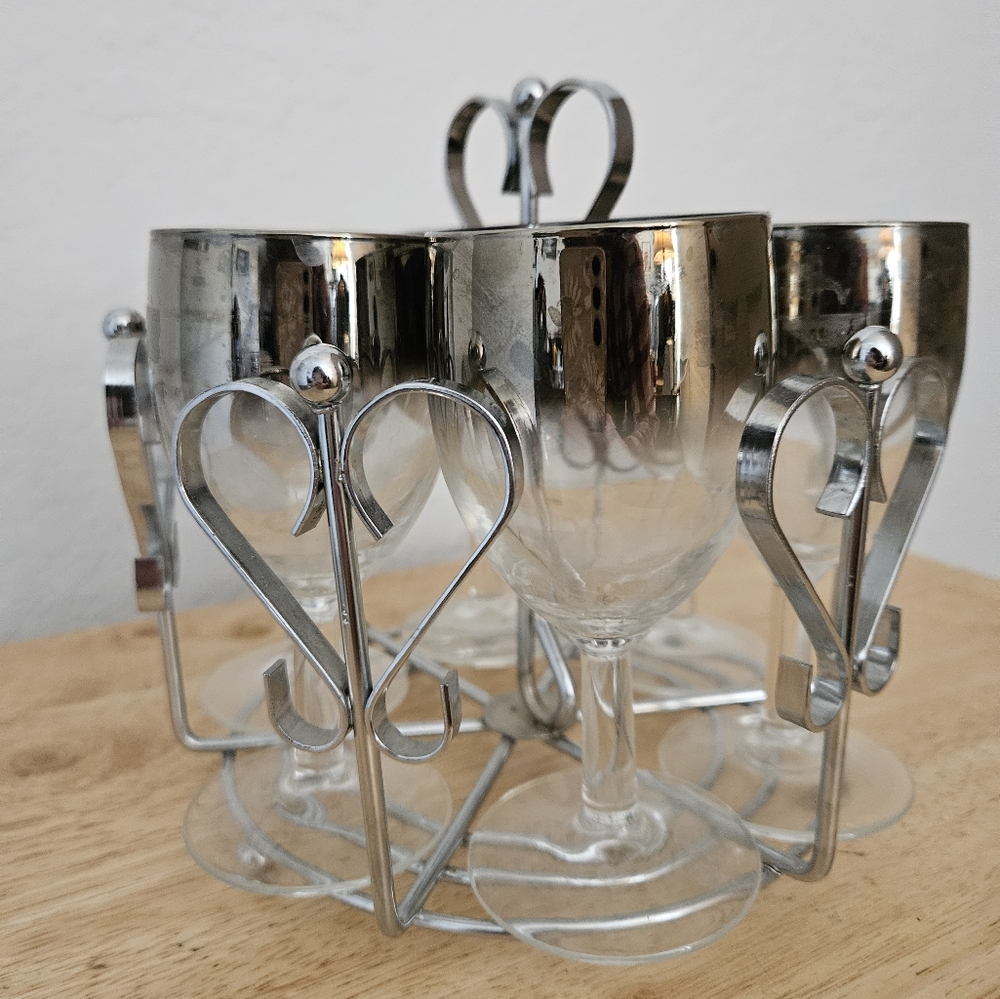 Vintage Mid Century Silver Fade Rim Cocktail Wine Glasses W/ Chrome Heart Caddy.